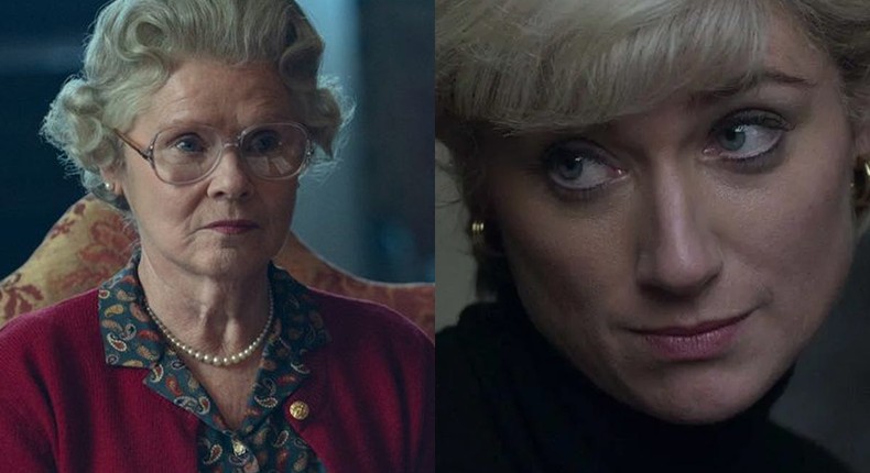 Imelda Saunton as Queen Elizabeth and Elizabeth Debicki as Princess Diana in The Crown season six.Netflix