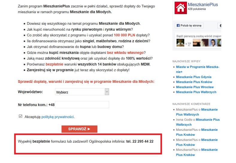 Print screen strony http://mieszkanieplus.com, po wejściu w zakładkę „Zarejestruj się w MdM” . Jeszcze w piątek 4 sierpnia podany był tam numer telefonu ogólnopolskiej infolinii. Po wysłaniu pytań przez „DGP” do Expandera, strona została zaktualizowana.