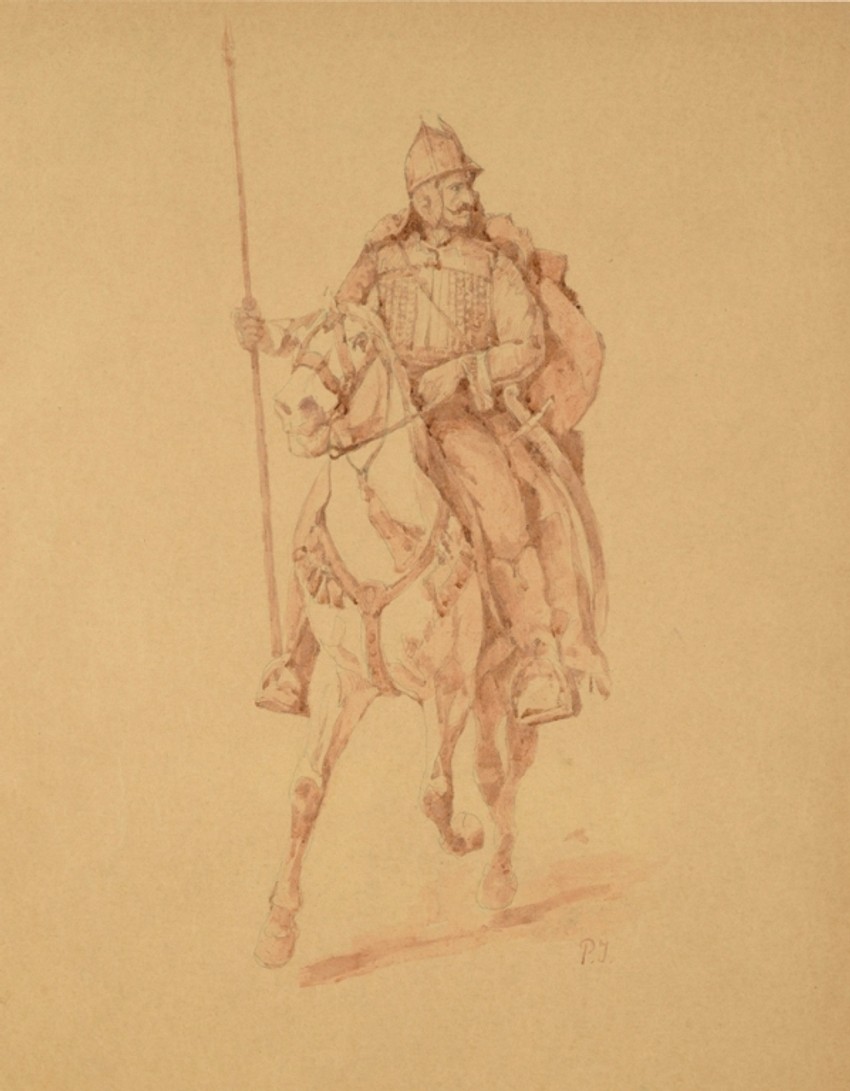 Pavle Paja Jovanovic, Jovan Monasterlija na konju, oko 1896., tuš, olovka i sepija, 49x39,5cm