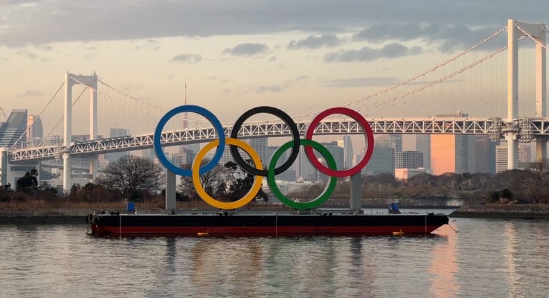 The Olympic rings in Tokyo Bay.
