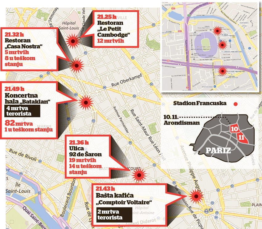 Mapa terorističkih napada u Parizu