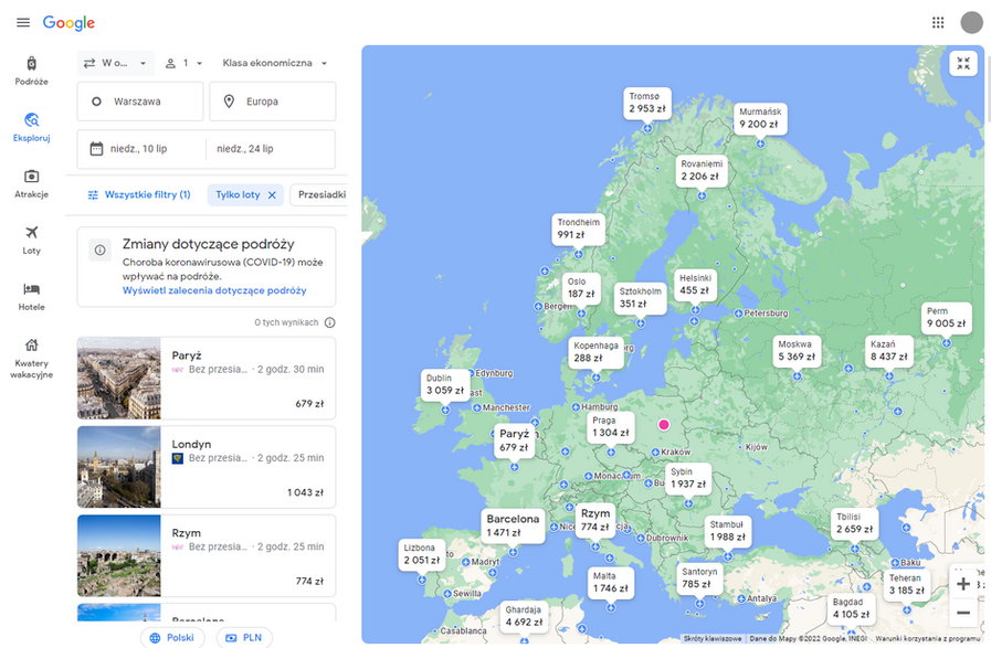 Google Loty wyszukują tanie loty w całym regionie