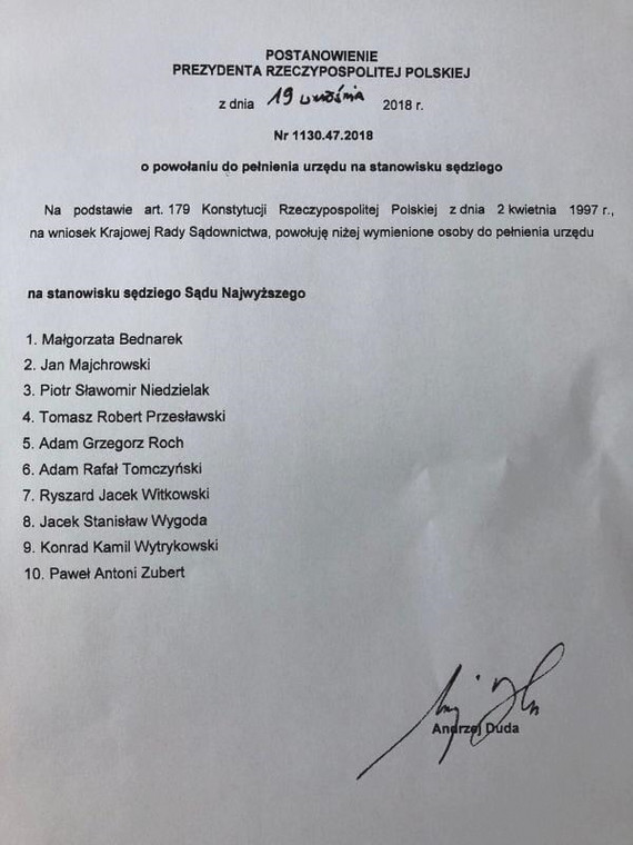 Lista sędziów podpisana przez prezydenta