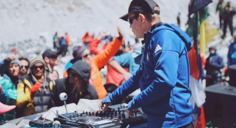 British DJ Paul Oakenfold plays a set to mountaineers and trekkers at Mount Everest base camp on April 11, 2017