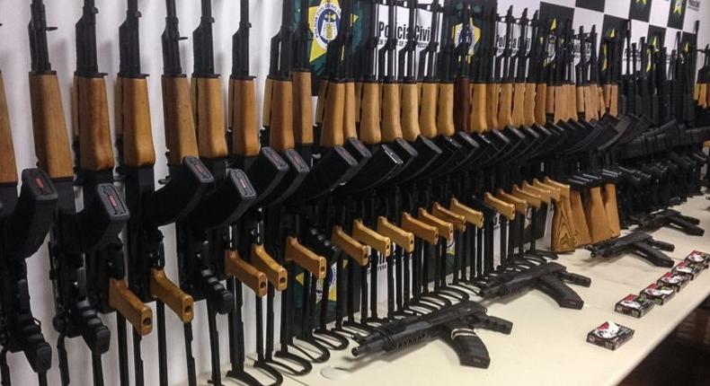 Firearms seized from inside shipments of pool heating systems at the international airport in Rio de Janeiro, Brazil, on June 1, 2017