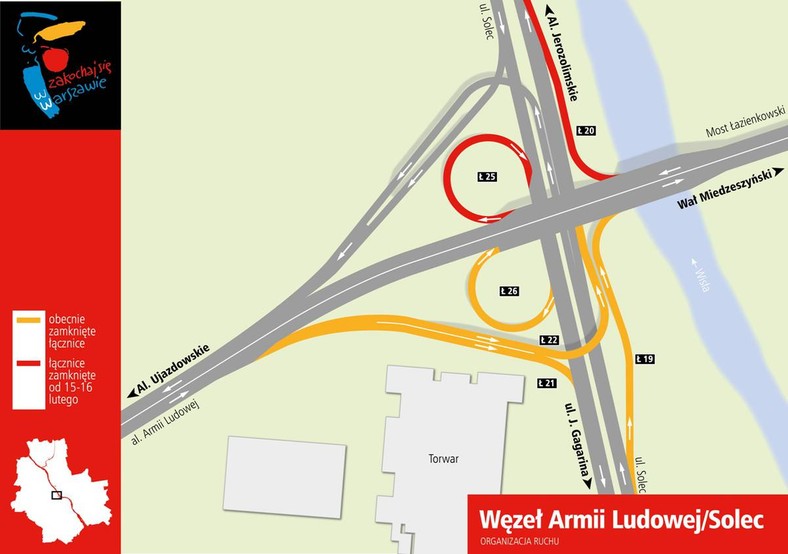 Trasa Łazienkowska - mapa utrudnień w ruchu