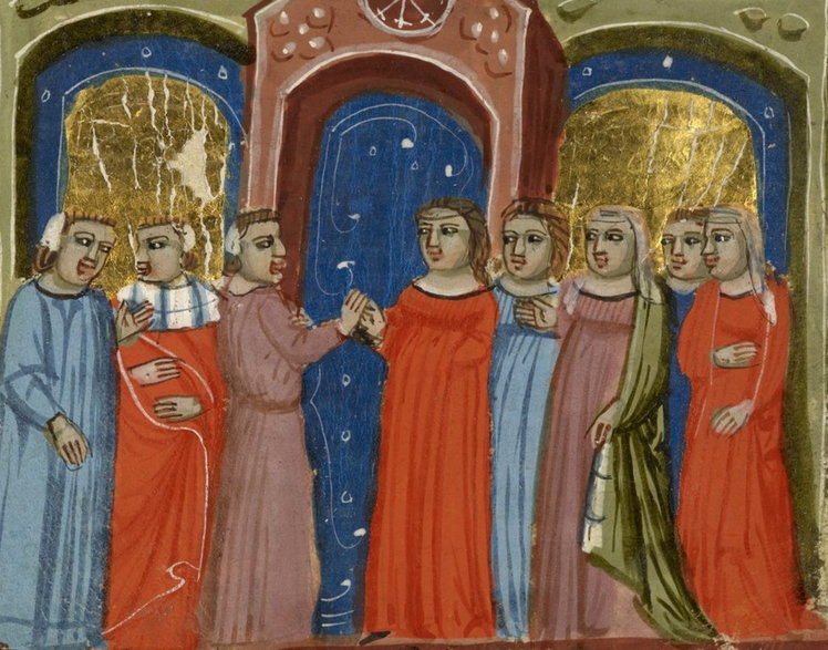 Małżeństwo na miniaturze z włoskiego kodeksu z przełomu XIII i XIV wieku.