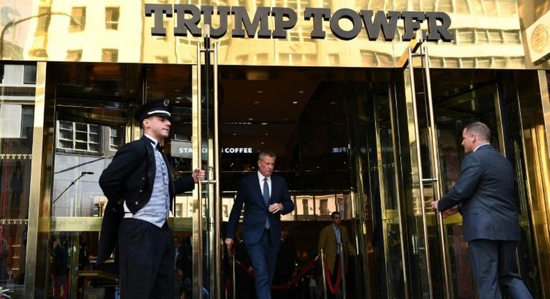 New York City Mayor Bill de Blasio leaves Trump Tower after meetings with President-elect Donald Trump November 16, 2016 in New York