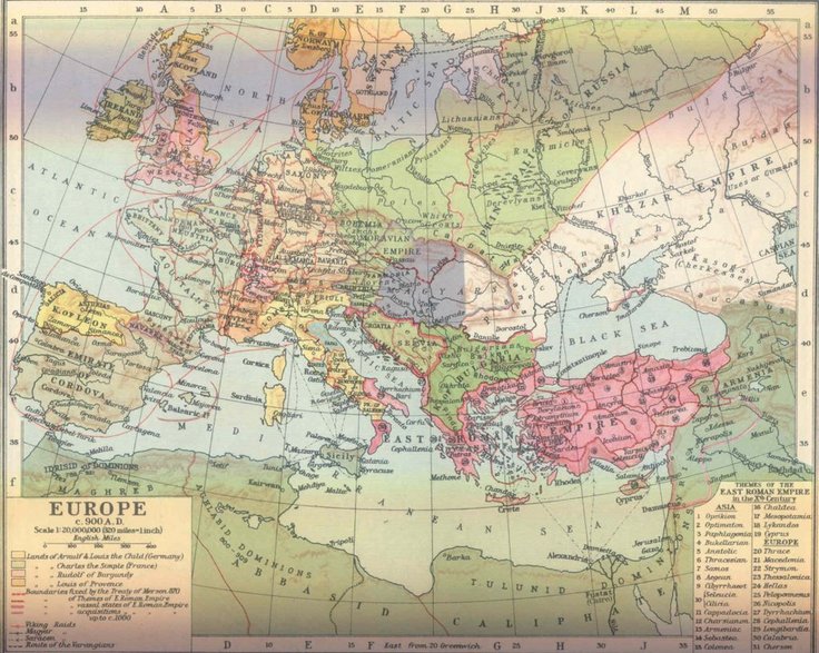 Europa ok. 900 r. (Muir's Historical Atlas--Mediaeval and Modern, London 1911, domena publiczna)