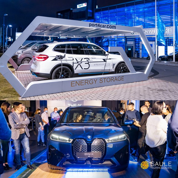 Carport zasilany energią słoneczną ładuje elektryczne BMW iX