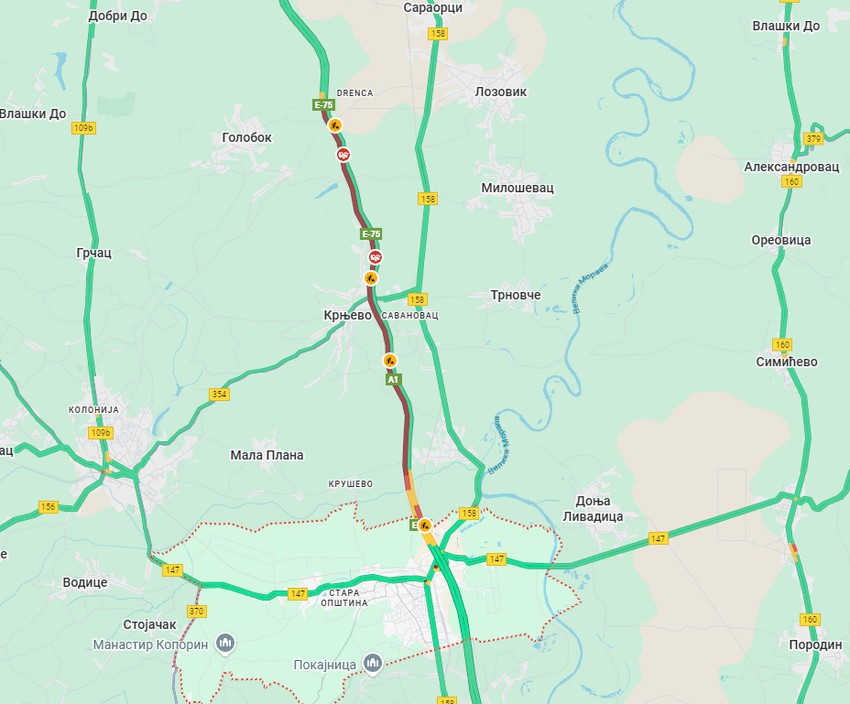 Mapa gužvi kod Velike Plane
