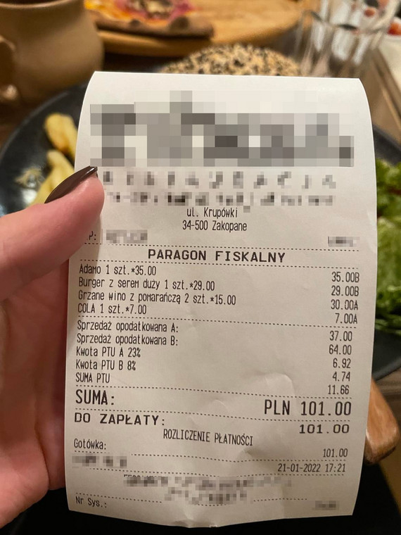 Rachunek z restauracji na Krupówkach 