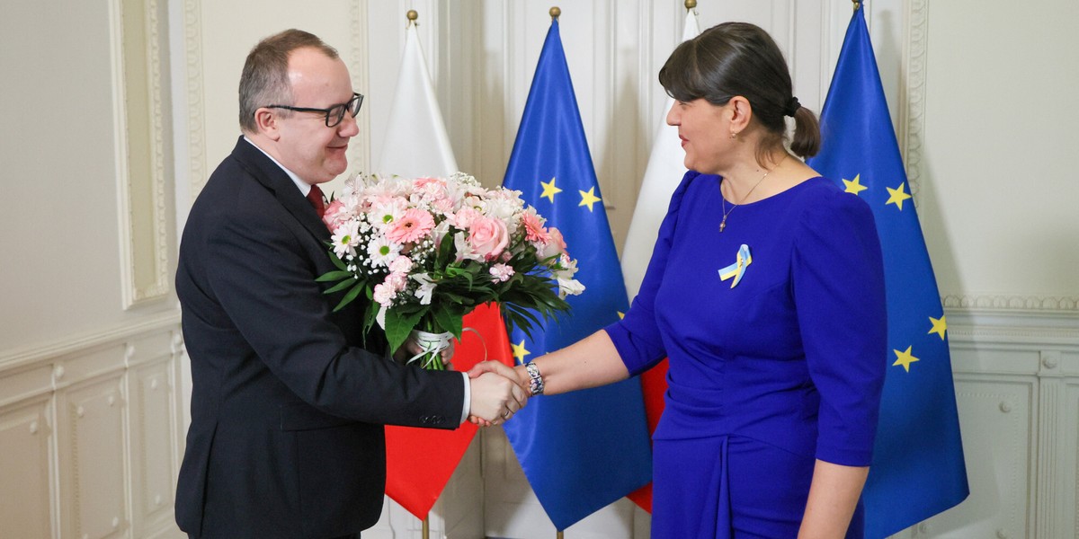 Minister sprawiedliwości i prokurator generalny Adam Bodnar i europejska prokurator generalna Laura Kovesi podczas konferencji prasowej w Warszawie. 29 stycznia 2024 r. 