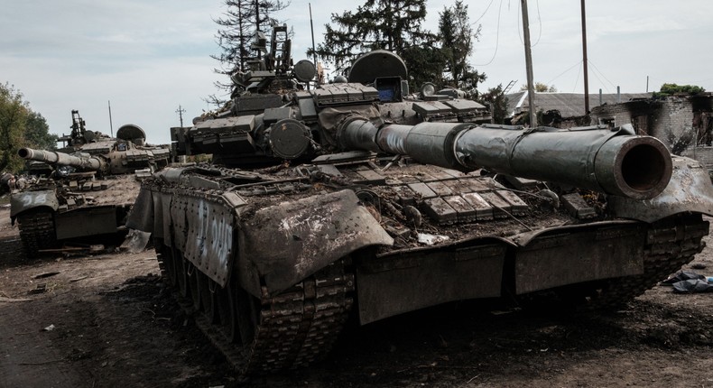 This photograph taken on September 30, 2022 shows abandoned Russian tank in the recently retaken area near Kharkiv.Photo by YASUYOSHI CHIBA/AFP via Getty Images