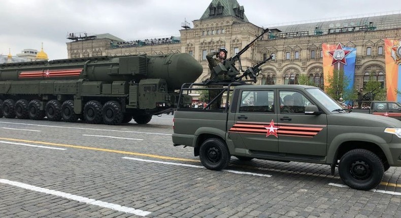 Russian Yars ballistic nuclear missiles on mobile launchers roll through Red Square during the Victory Day military parade rehearsals on May 6, 2018 in Moscow, Russia.