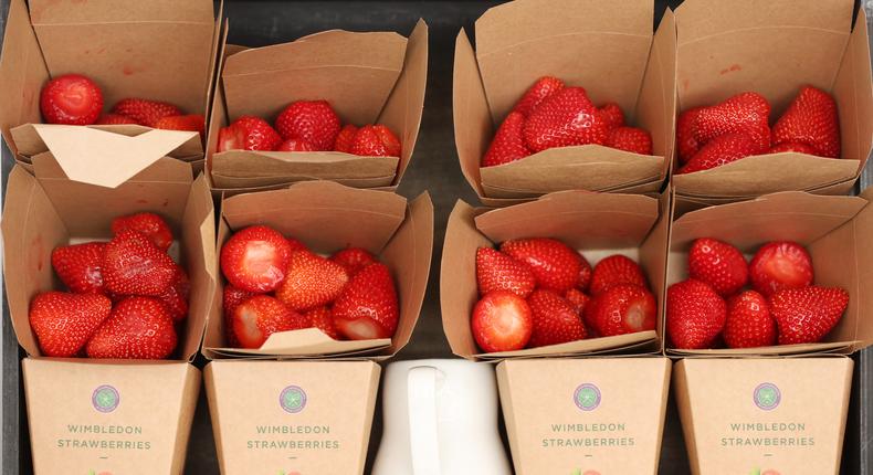 Strawberries on offer at Wimbledon pictured on day one of the tournament.