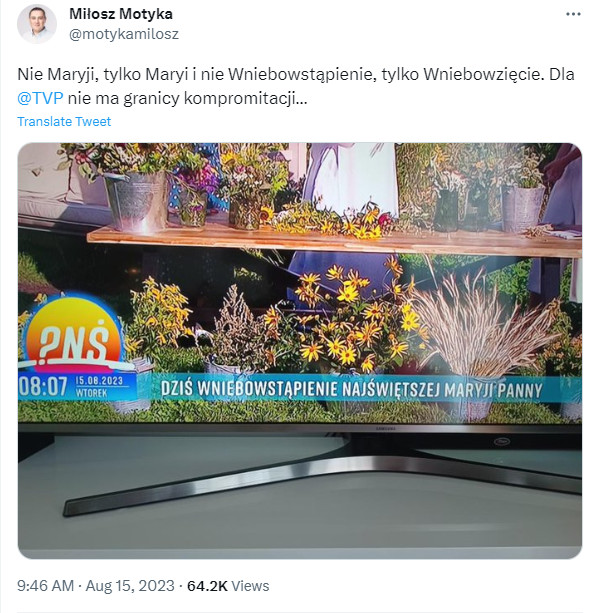 Tweet Miłosza Motyki z wpadką w "Pytaniu na śniadanie"