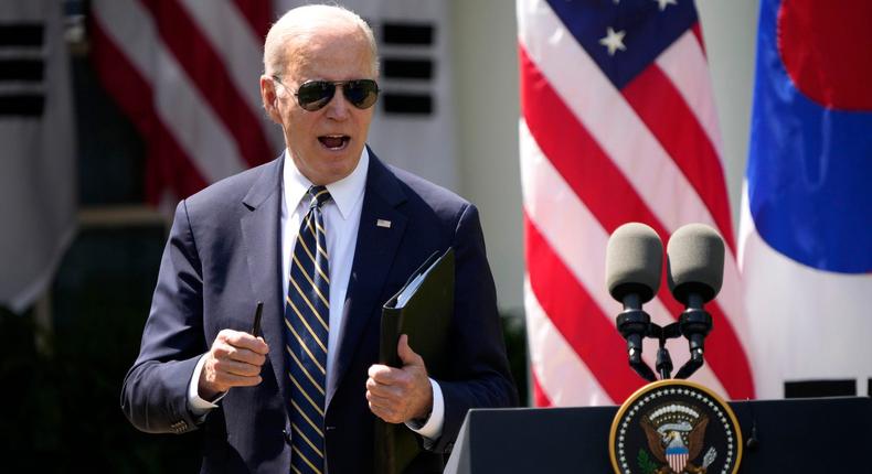 US President Joe Biden responds to a reporter's question on the debt limit during a joint press conference with South Korean President Yoon Suk-yeol in the Rose Garden at the White House, April 26, 2023 in Washington, DC.Drew Angerer/Getty Images