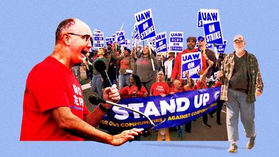 For the first time in its 88-year history, the UAW is on strike at all three of the Detroit companies at once. Bill Pugliano/Getty Images; Matthew Hatcher/AFP via Getty Images; Alyssa Powell/Insider