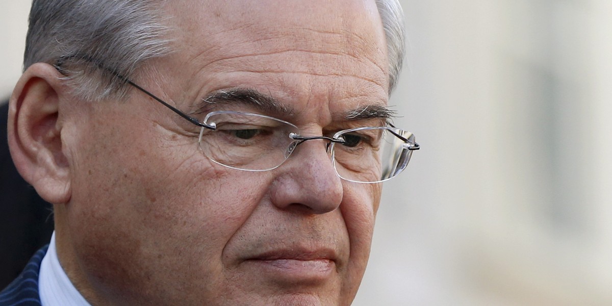 U.S. Senator Robert Menendez (D-NJ) looks down during a news conference outside the U.S. federal courthouse in Newark, New Jersey April 2, 2015.