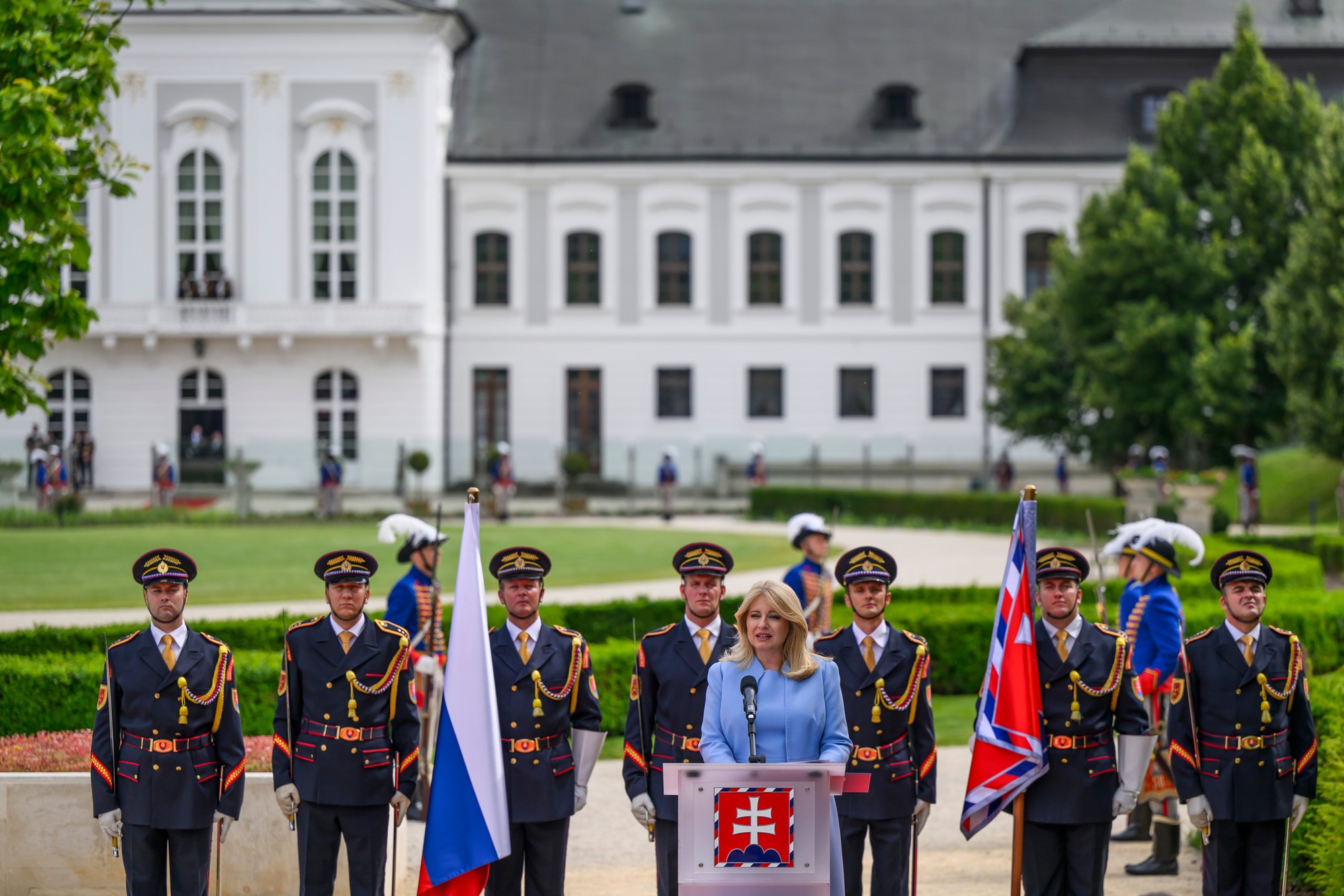 Prezidentka SR Zuzana Čaputová počas rozlúčkového príhovoru v Prezidentskej záhrade v Bratislave 14. júna 2024.