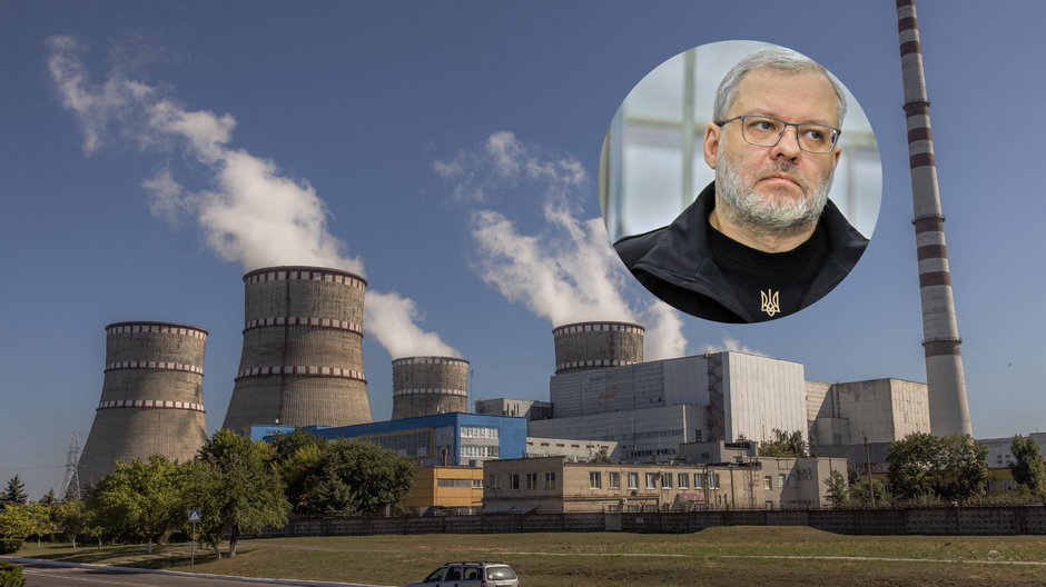 Elektrownia jądrowa w mieście Warasz w Ukrainie. (W kółku: Herman Hałuszczenko)
