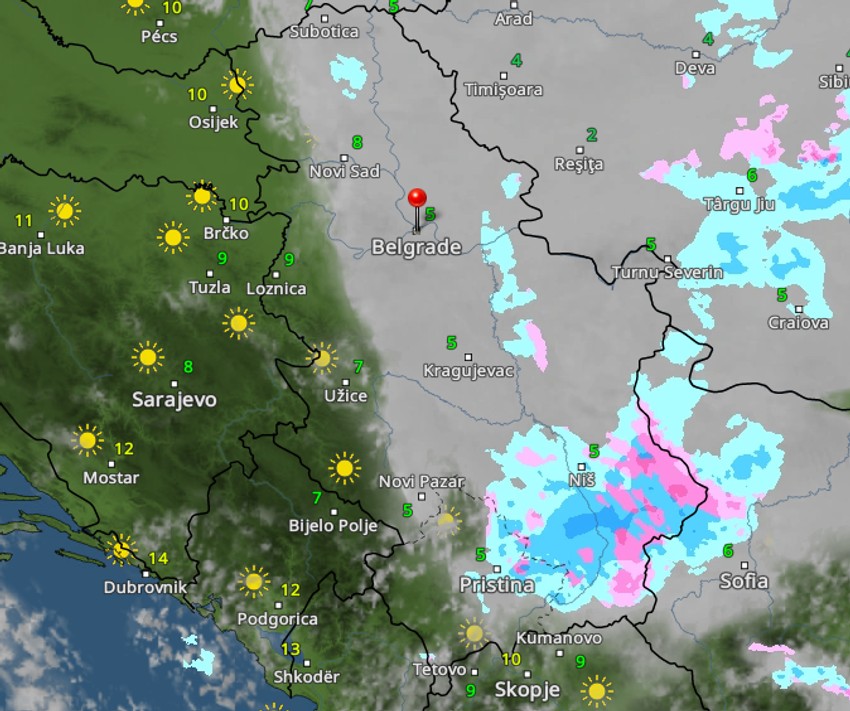 Kretanje padavina sutra u 14 časova 