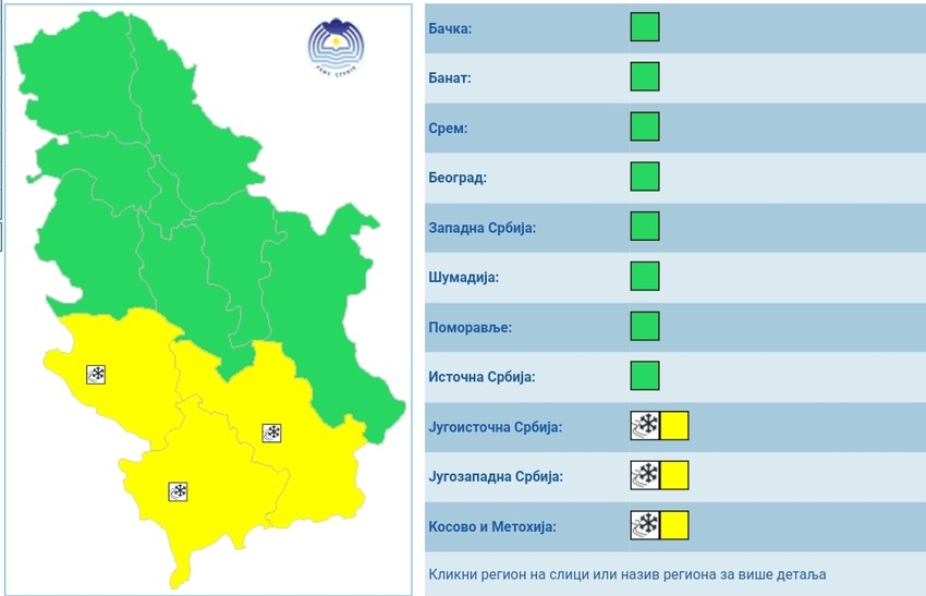 Meteoalarm za subotu 11. januar