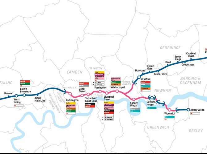 Samo wydrążenie tuneli kosztować będzie około 1,5 mld funtów. Na podziemnym odcinku znajdzie się osiem nowych stacji.
<br>Crossrail mapa części centralnej z tunelami <br><br>Źródło: crossrail.co.uk