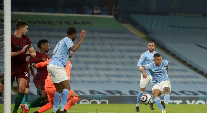 Gabriel Jesus (right) fires home Manchester City's second goal against Wolverhampton