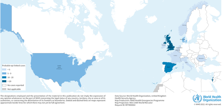 Az eseteket Nagy-Britannia és Észak-Írország Egyesült Királyságából (Egyesült Királyság) (114), Spanyolországból (13), Izraelből (12), az Amerikai Egyesült Államokból (9), Dániából (6), Írországból (<5), Hollandiából (4), Olaszországból (4), Norvégiából (2), Franciaországból (2), Romániából (1) és Belgiumból (1) jelentették / Forrás: WHO