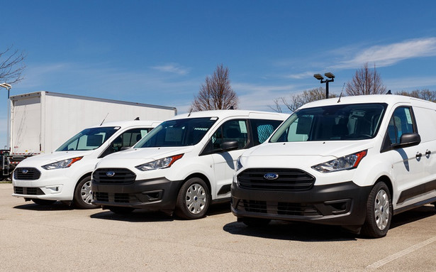 Noblesville - Circa April 2019: Transit display at a Ford Car and Truck Dealership. Ford sells products under the Lincoln and Motorcraft brands