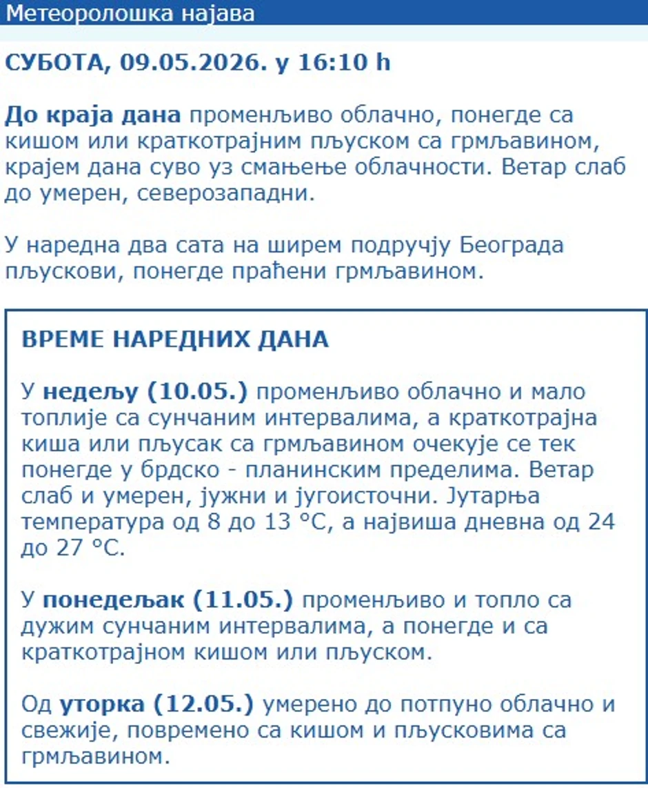 Vremenska prognoza za 9. maj