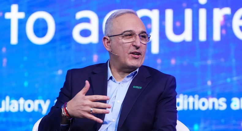 US company Hewlett Packard Enterprise President and Chief Officer Executive Antonio Neri gives a conference at the Mobile World Congress (MWC), the telecom industry's biggest annual gathering, in Barcelona on February 27, 2024.PAU BARRENA / AFP