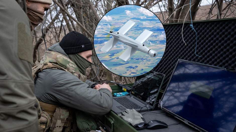 Ukraińscy operatorzy dronów na froncie w obwodzie donieckim, marzec 2024 r. (w kółku: dron Łancet)