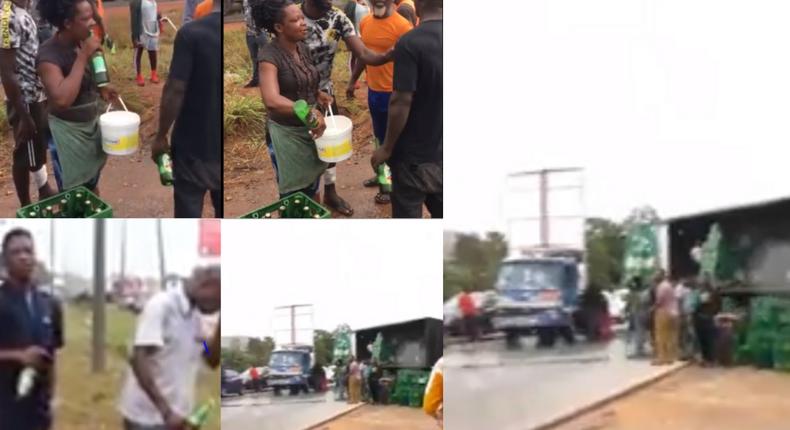 Beer lovers drink early morning at motorway accident scene