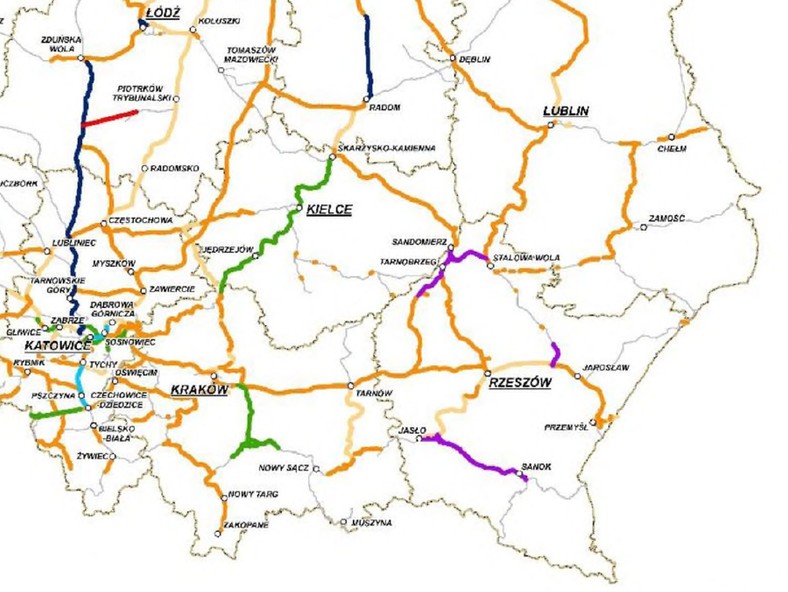 Inwestycje infrastrukturalne zawarte w Programie. Polska płd-wschodnia. Na żółto - projekty realizowane do 2013 roku; na pomarańczowo – projekty realizowane w ramach perspektywy 2014-2020. Inne kolory – perspektywa 2021-2027.  Źródło: PKP Polskie Linie Kolejowe