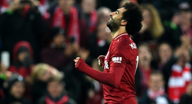 Mohamed Salah celebrates scoring for English Premier League leaders Liverpool. The Egyptian is favourite to win the 2018 African Player of the Year award.