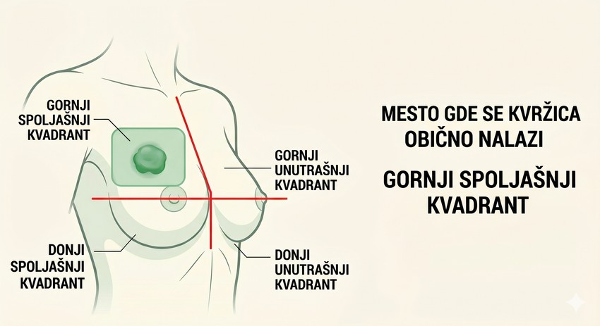 Gornji spoljašnji kvadrant dojke je najčešće mesto gde se nalazi maligna kvržica
