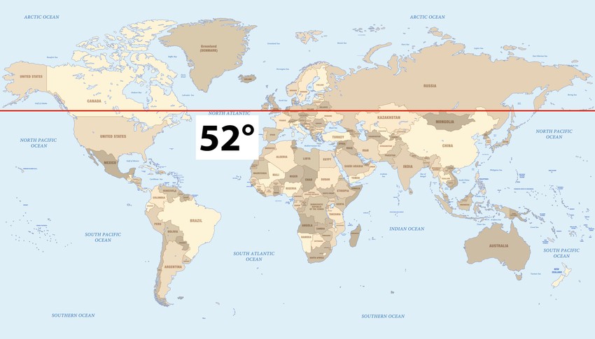 Mapa sveta, 52. paralela severno