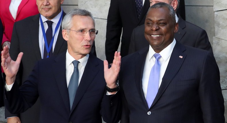 US Defense Secretary Lloyd Austin and NATO Secretary General Jens Stoltenberg at a NATO Defense Ministers meeting in Brussels, October 21, 2021.
