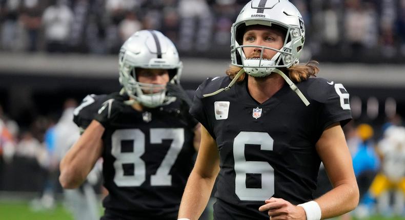 Raiders punter AJ Cole warms up before a game against the Los Angeles Chargers.AP Photo/Rick Scuteri