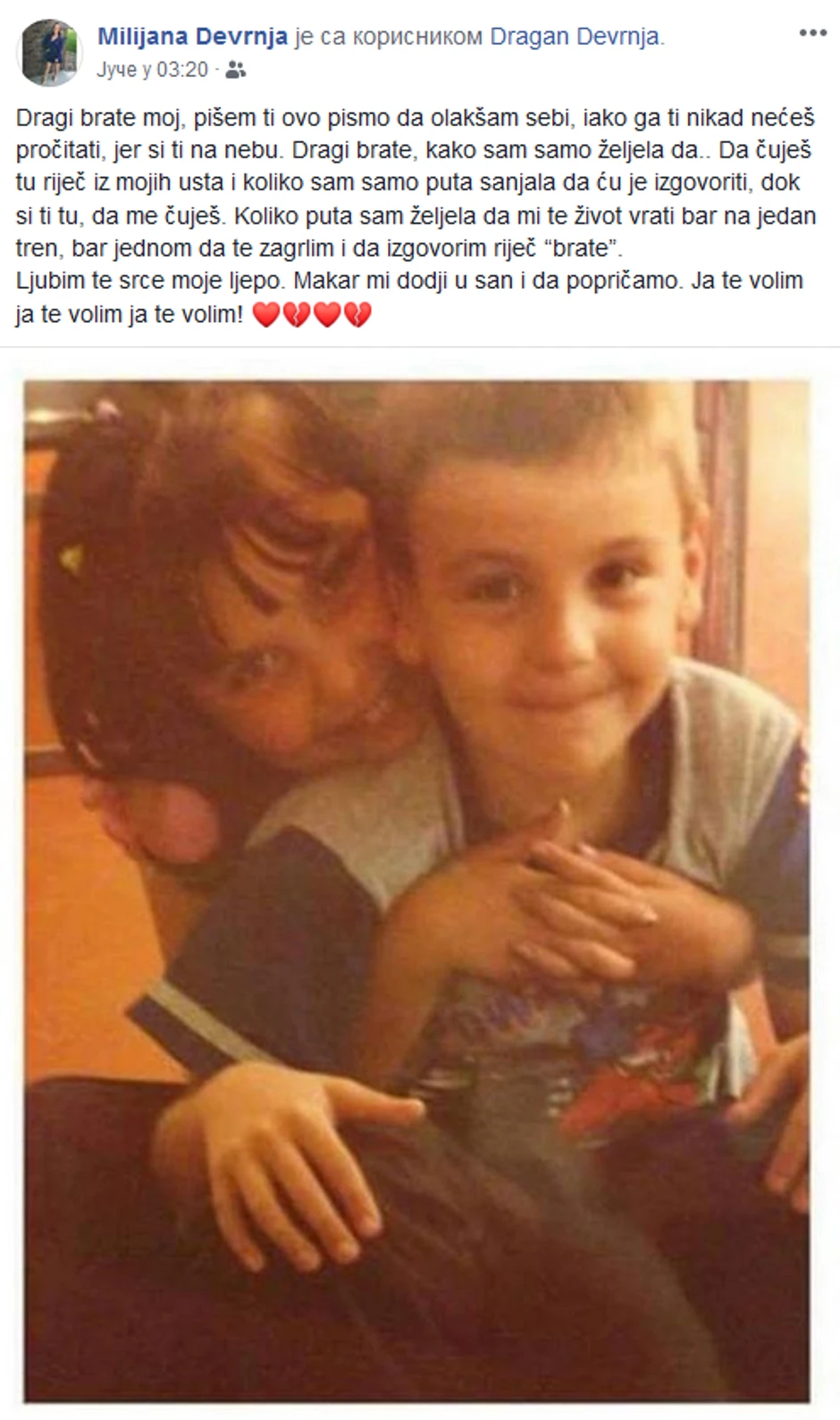 Sestra Milijana se oprostila od brata na društvenim mrežama