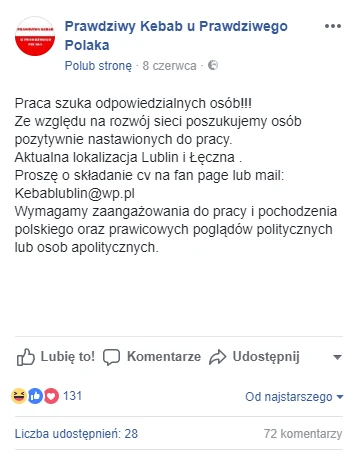 Ogłoszenie o pracę, które pojawiło się na Facebooku