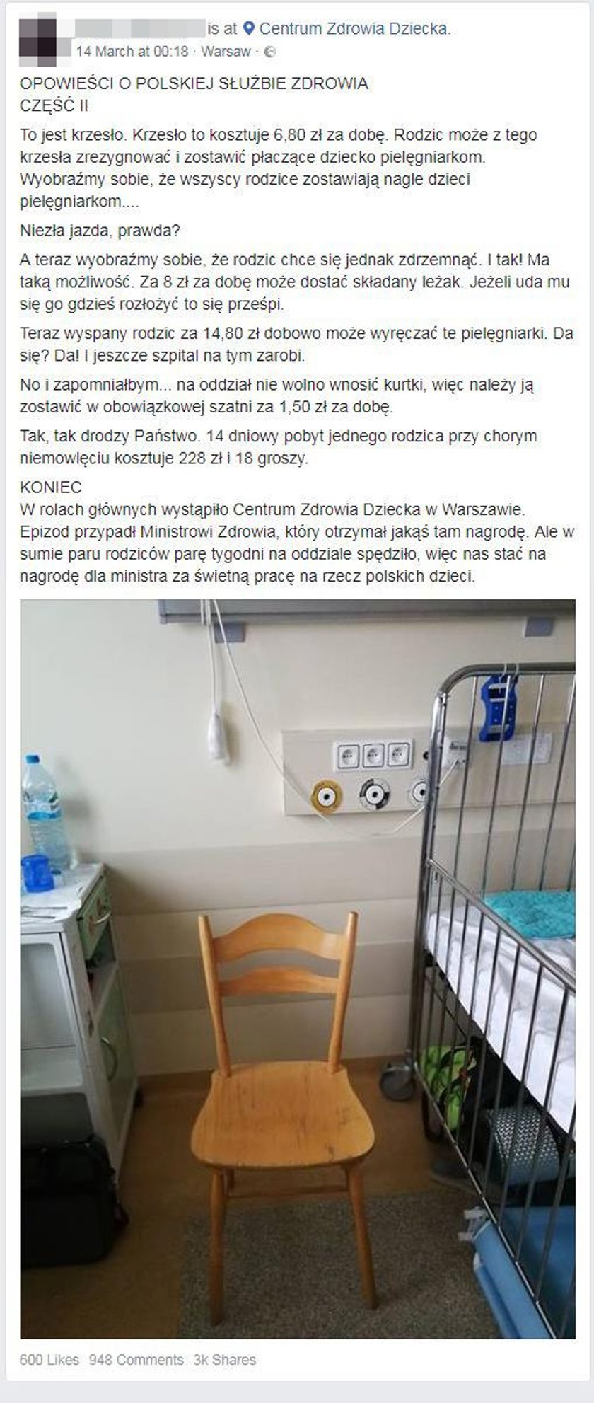 To wpis internauty. Zapłacił za krzesło w szpitalu