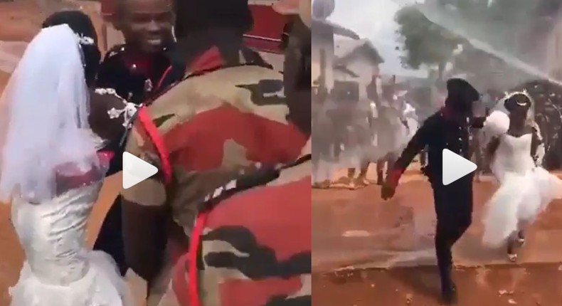 Couple sprayed with water from fire tender truck at Ghanaian fire service wedding 