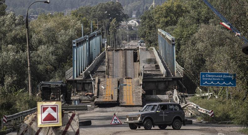 A damaged structure in the Ukrainian city of Izium after the withdrawal of Russian forces on September 16.