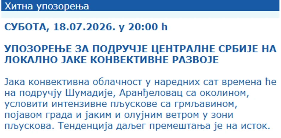 Hitno upozorenje RHMZ, 18. jul
