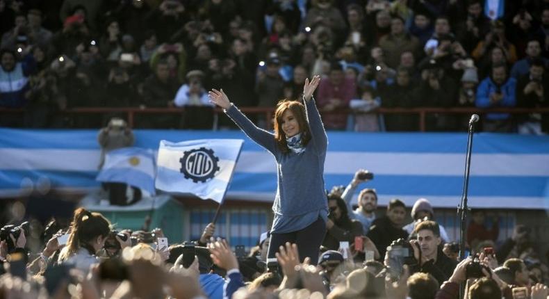 Argentinian former President Cristina Kirchner waves during a rally in Buenos Aires on June 20, 2017