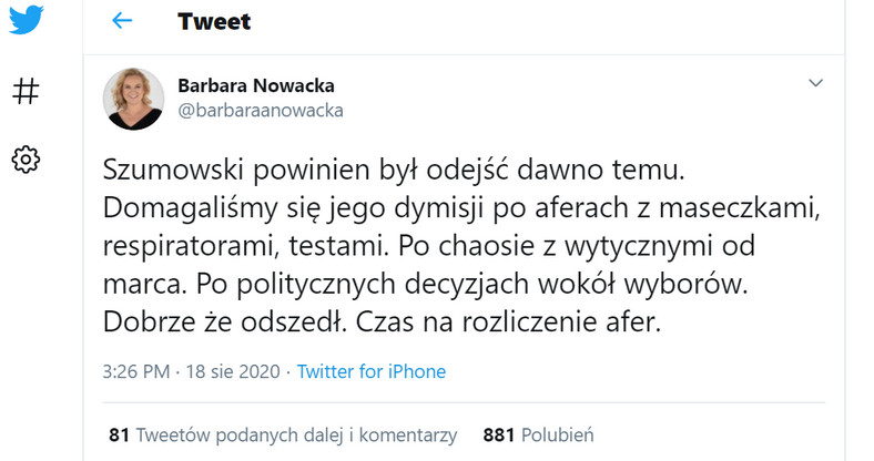 Barbara Nowacka o dymisji ministra Szumowskiegio